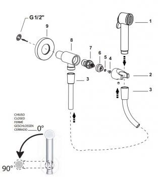 Raminex Tuka Tuka knijpdouche 1/2 chroom exploded view